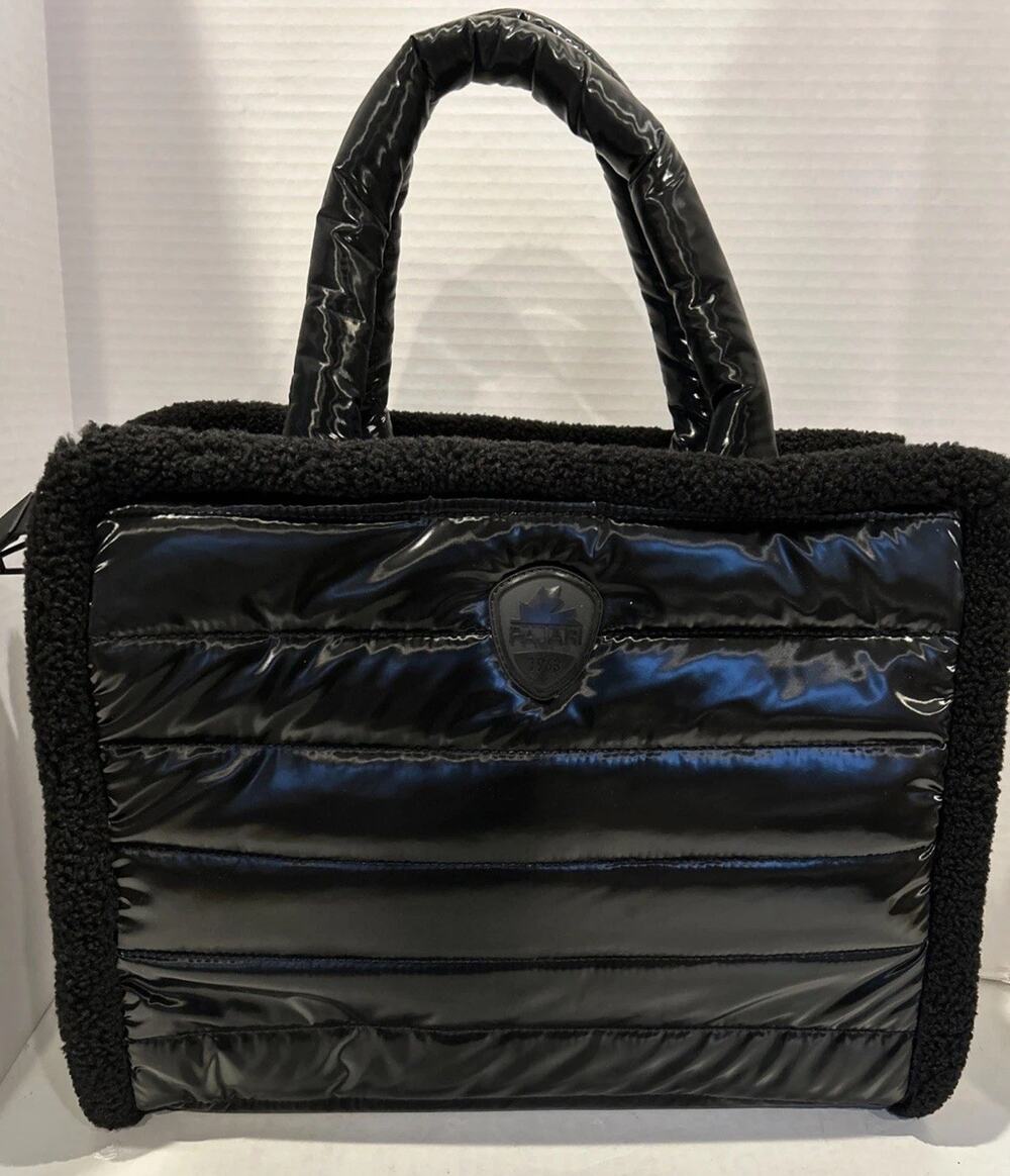 PAJAR FAUX FUR TRIM QUILTED TOTE, BLACK 15"X13"X6" EUC